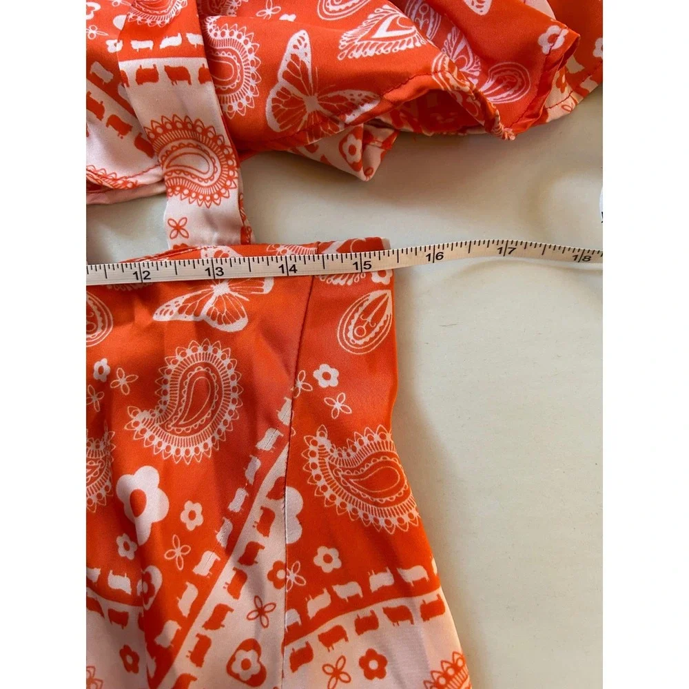 Lisa Says‎ Gah Bandana Print Two Piece Set Orange White Crop Top Shorts XS